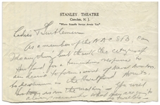 Moe Howard Lot of Handwritten Notes, Signed Once -- Jokes, Phone #'s, Speech Notes, Etc. on 3 Paper Fragments: 4'' x 5.75'' Envelope, 3'' x 4.75'' Paper & 8.5'' x 5.5'' Paper -- Good to Very Good